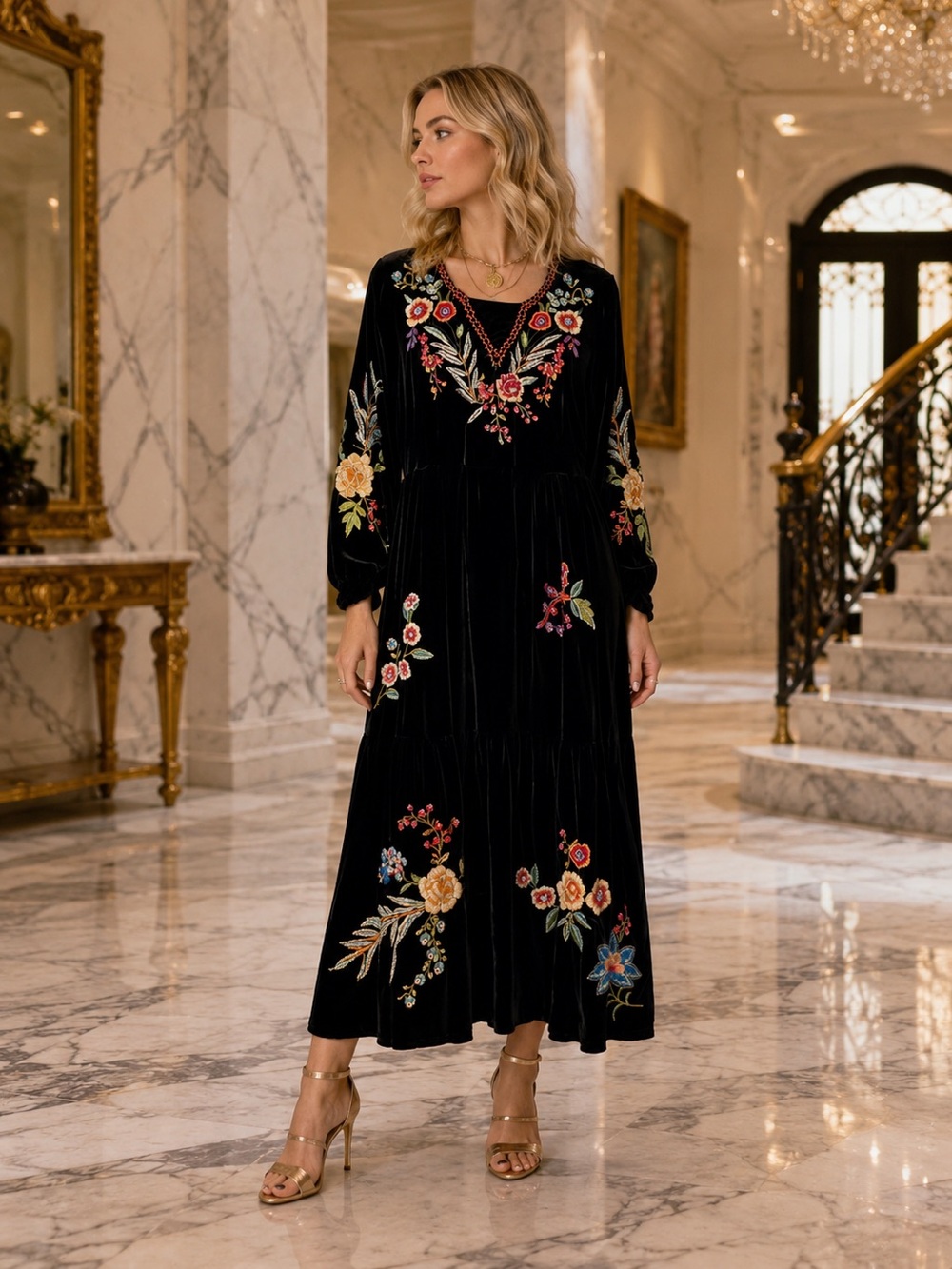 Johnny Was Silk Blend Velvet Embroidered Boho Midi Dress XXS